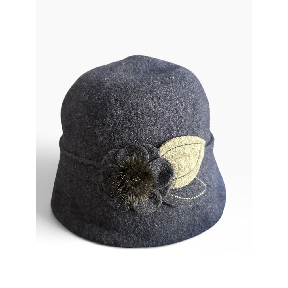 Vintage Wool Blend Cloche Hat Navy Blue Fur Rosette Flower Winter Bucket Cap